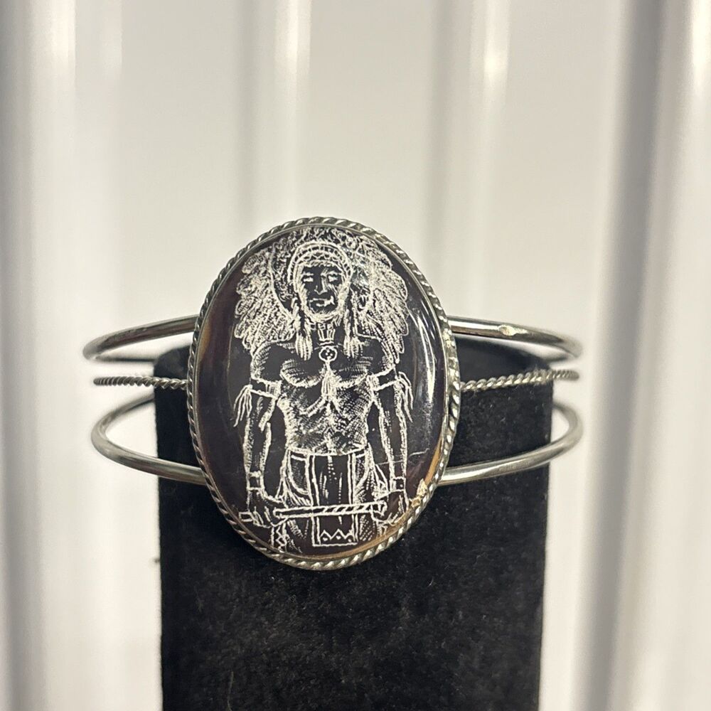 Vintage Southwest Style Carved Indian Chief Cuff Bracelet